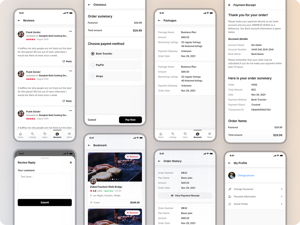 Directorist mobile app listing management screens